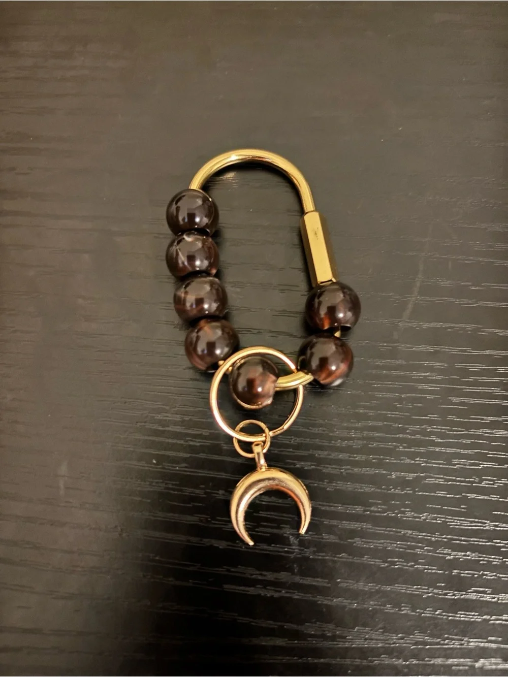 Gold and Dark Brown Beaded Crescent Keychain - Men Accessories